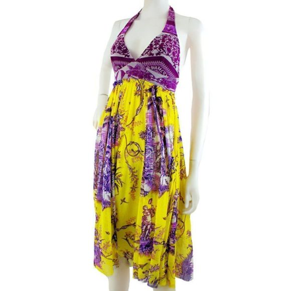 1990's JEAN PAUL GAULTIER Mythical Print Yellow and Purple Vintage Halter Dress - Picture 10 of 11